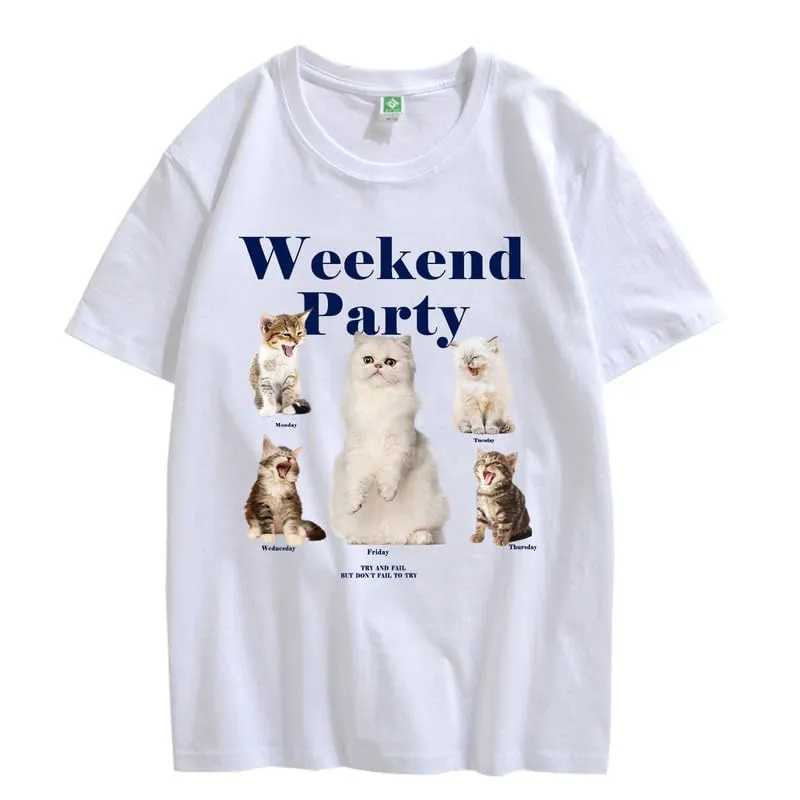 CORIRESHA Teen Cute Cat Graphic Crewneck Short Sleeve Casual Weekend Party T-Shirt