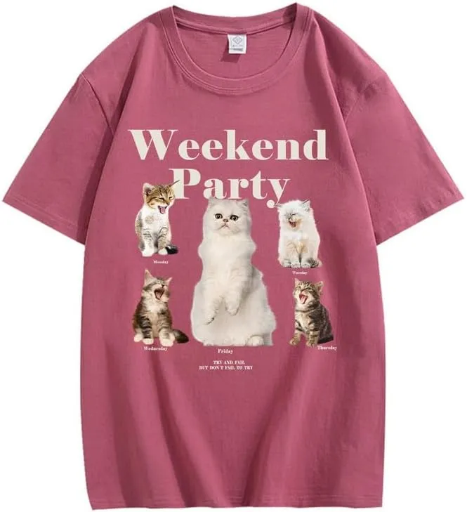 CORIRESHA Teen Cute Cat Graphic Crewneck Short Sleeve Casual Weekend Party T-Shirt