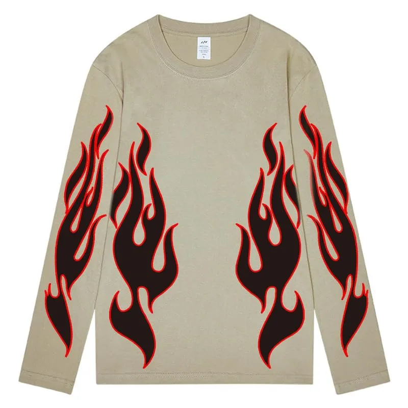 CORIRESHA Teen Fashion Flame Pattern Crewneck Long Sleeve Y2K Fall T-Shirt Top