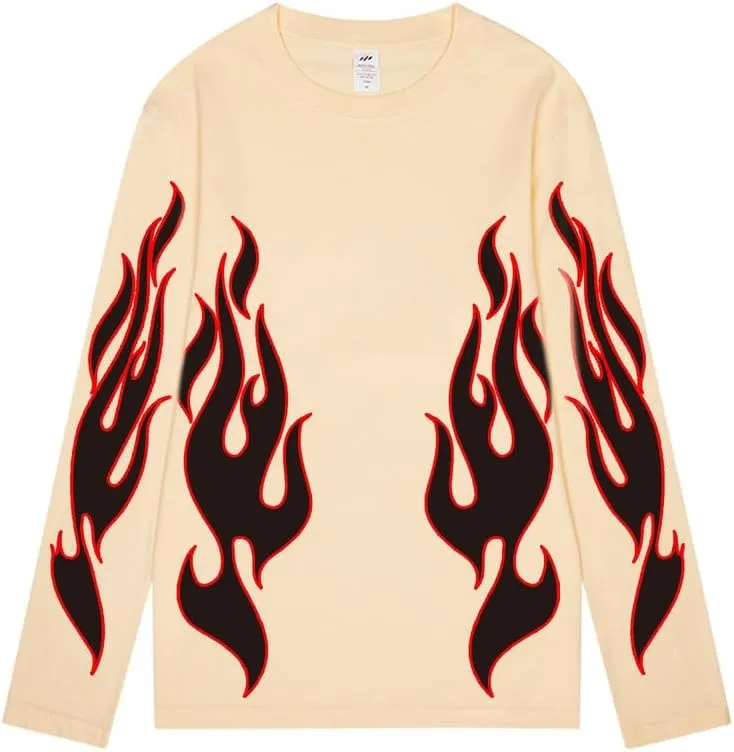 CORIRESHA Teen Fashion Flame Pattern Crewneck Long Sleeve Y2K Fall T-Shirt Top