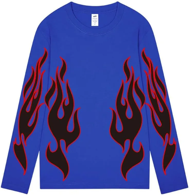 CORIRESHA Teen Fashion Flame Pattern Crewneck Long Sleeve Y2K Fall T-Shirt Top