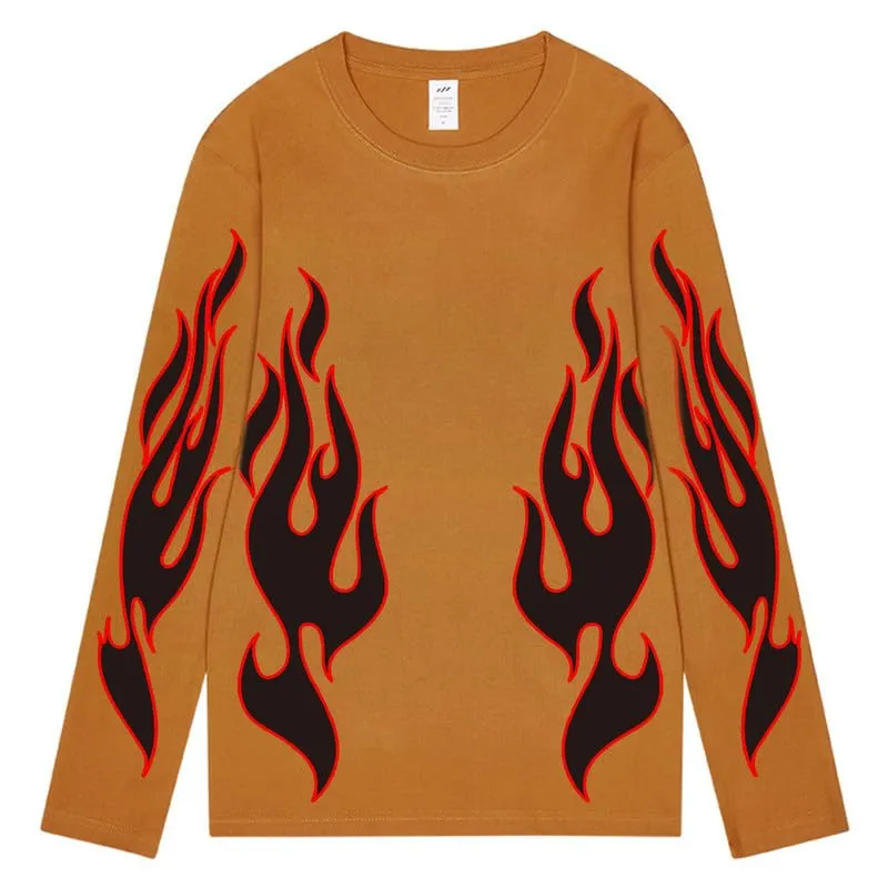 CORIRESHA Teen Fashion Flame Pattern Crewneck Long Sleeve Y2K Fall T-Shirt Top