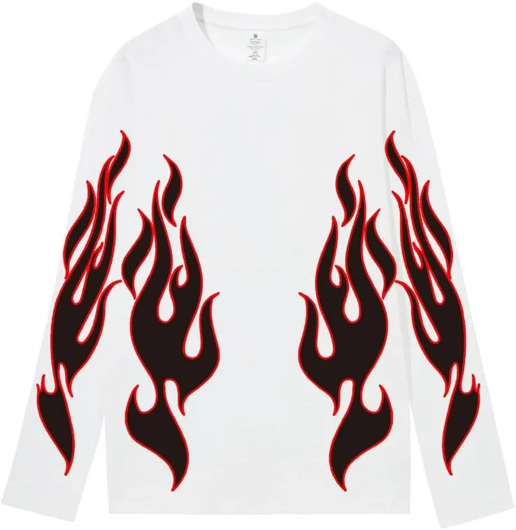 CORIRESHA Teen Fashion Flame Pattern Crewneck Long Sleeve Y2K Fall T-Shirt Top