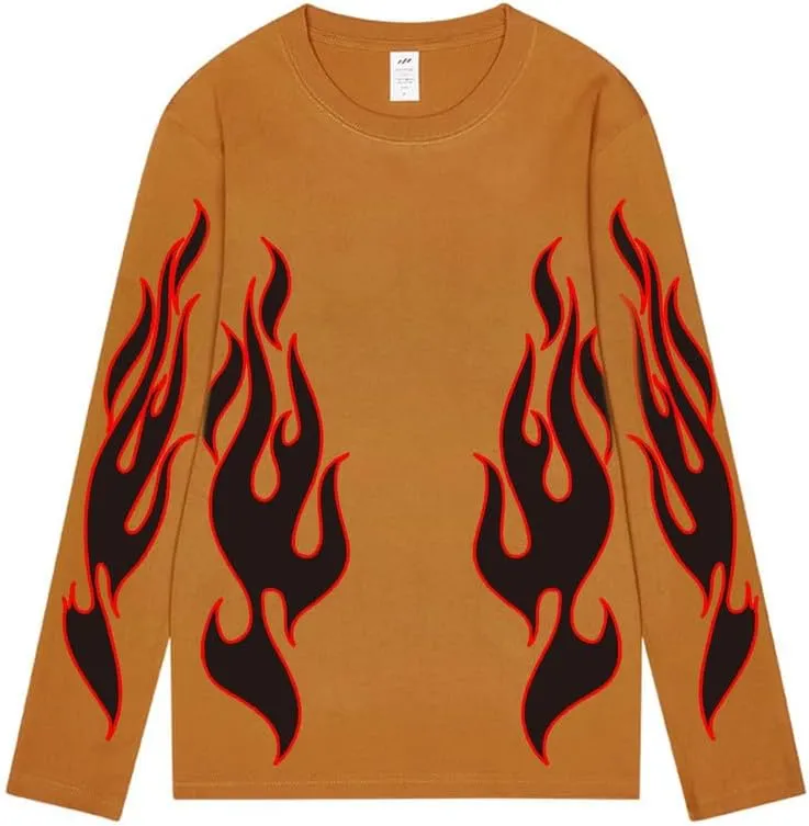 CORIRESHA Teen Fashion Flame Pattern Crewneck Long Sleeve Y2K Fall T-Shirt Top