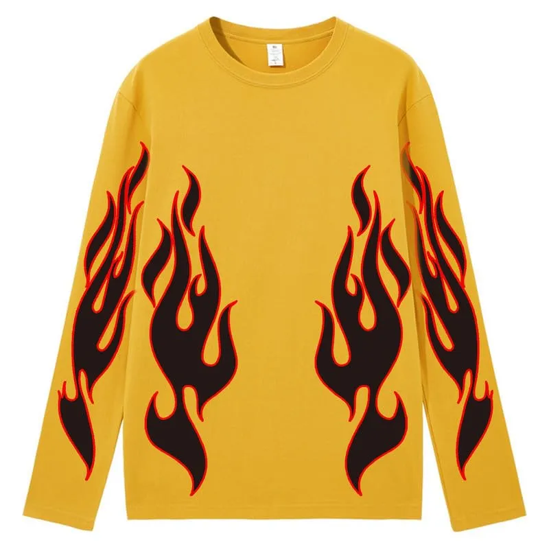 CORIRESHA Teen Fashion Flame Pattern Crewneck Long Sleeve Y2K Fall T-Shirt Top