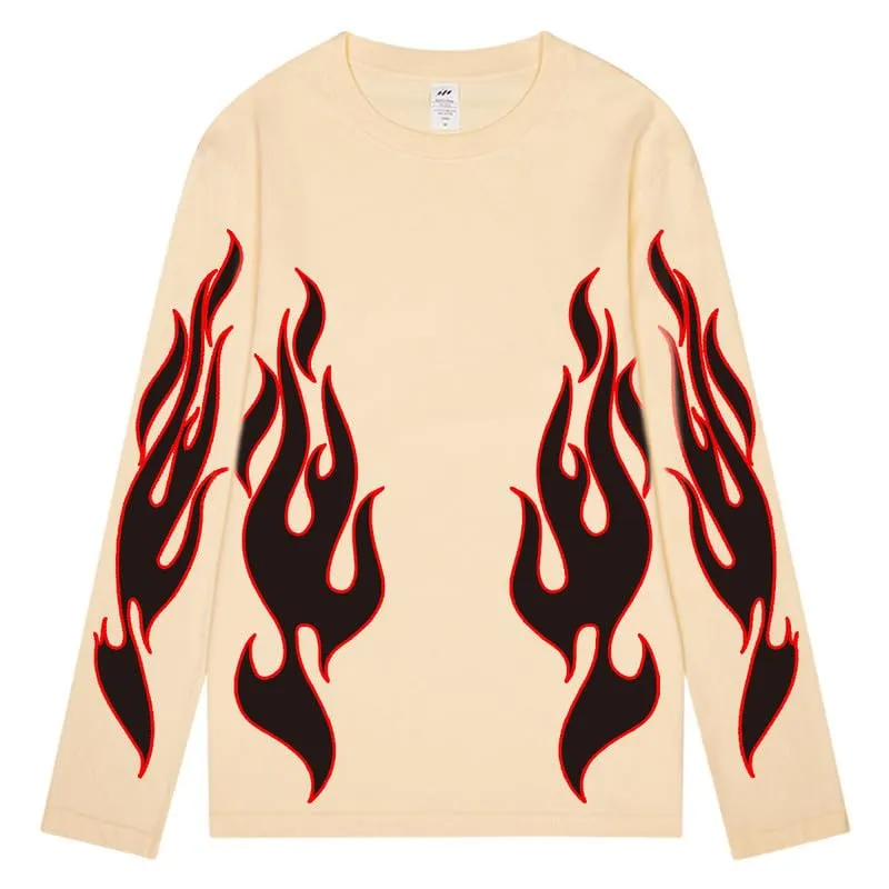 CORIRESHA Teen Fashion Flame Pattern Crewneck Long Sleeve Y2K Fall T-Shirt Top