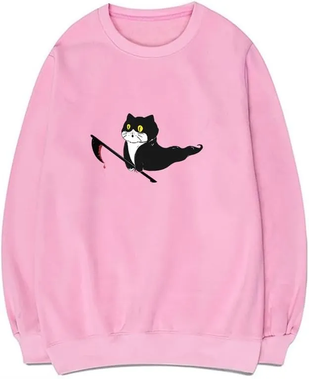 CORIRESHA Teen Ghost Cat Sweatshirt Crewneck Long Sleeve Halloween Gothic Pullover