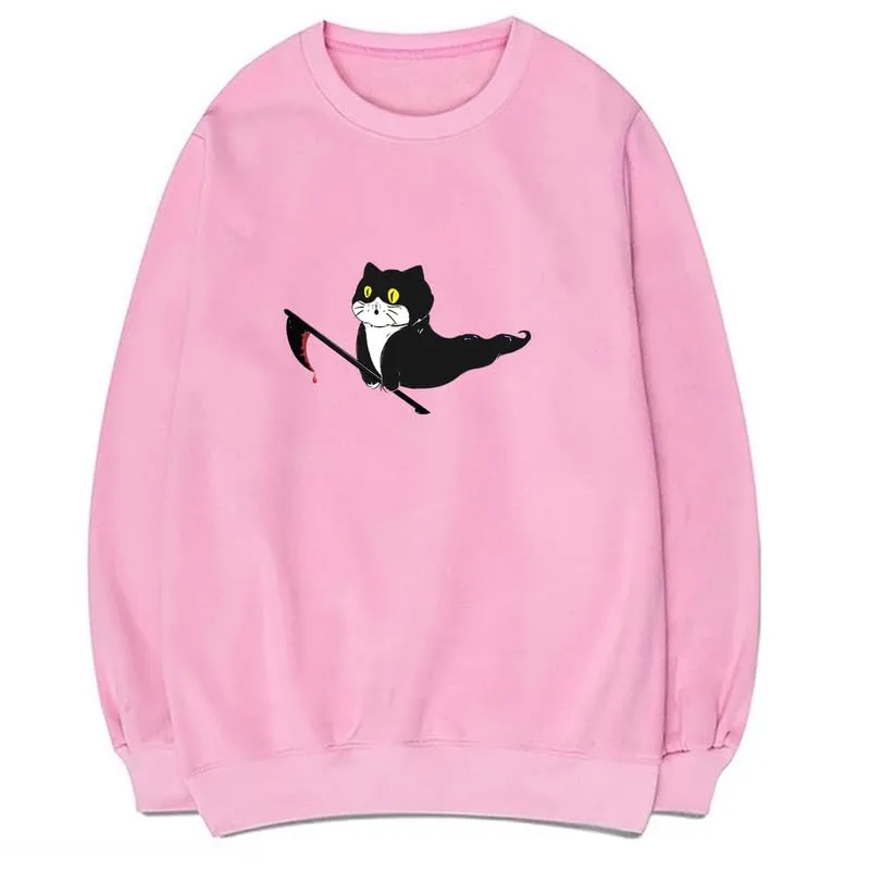 CORIRESHA Teen Ghost Cat Sweatshirt Crewneck Long Sleeve Halloween Gothic Pullover