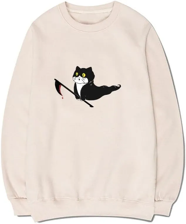 CORIRESHA Teen Ghost Cat Sweatshirt Crewneck Long Sleeve Halloween Gothic Pullover