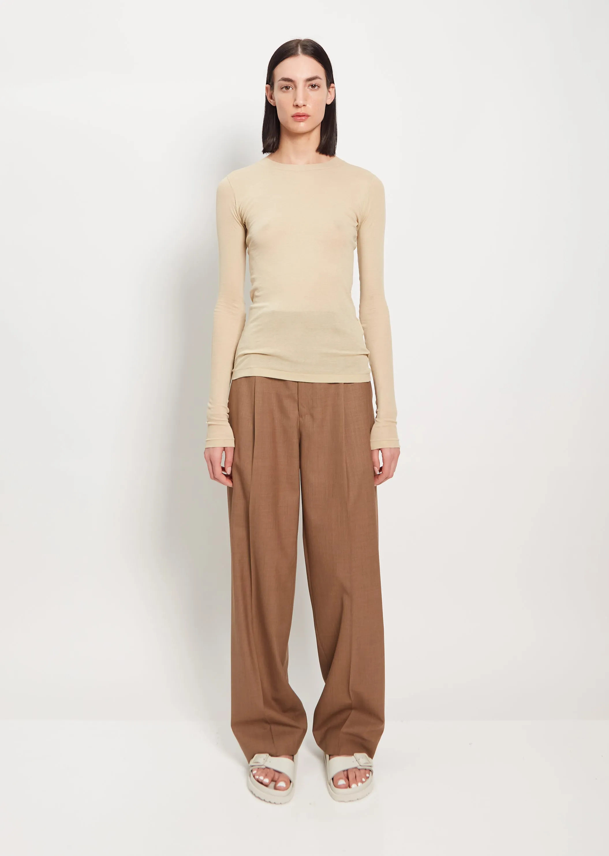 Cotton Giza Sheer Rib L/S Tee — Light Beige