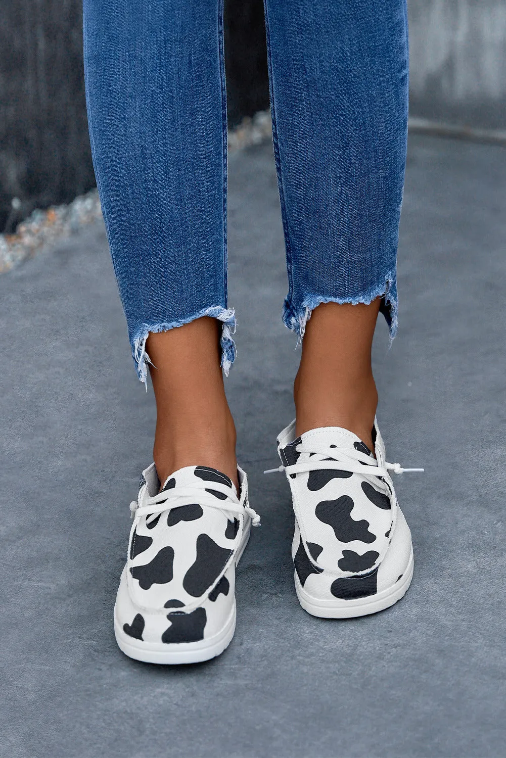 Cow Print Shoes Canvas for Women Lace Up Slip-Ons Flats Loafers Sneakers