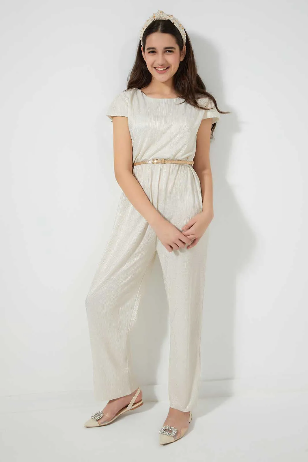 Cream Glittered Jumpsuit With Belt