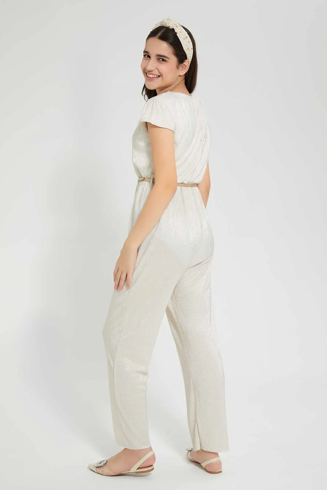 Cream Glittered Jumpsuit With Belt