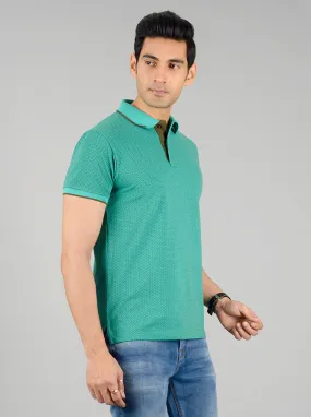 Dark Aqua Green Printed Slim Fit Polo T-shirt | Greenfibre