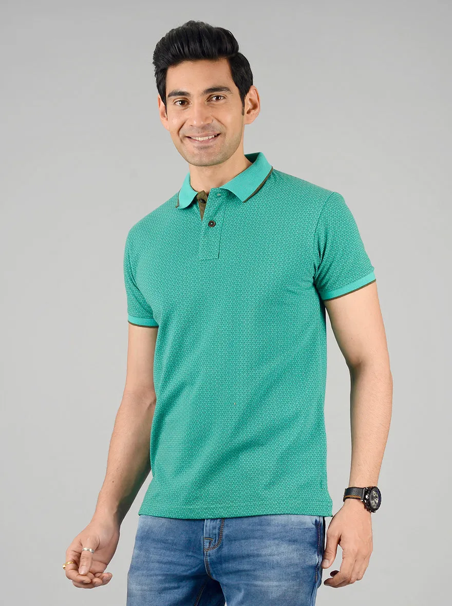 Dark Aqua Green Printed Slim Fit Polo T-shirt | Greenfibre