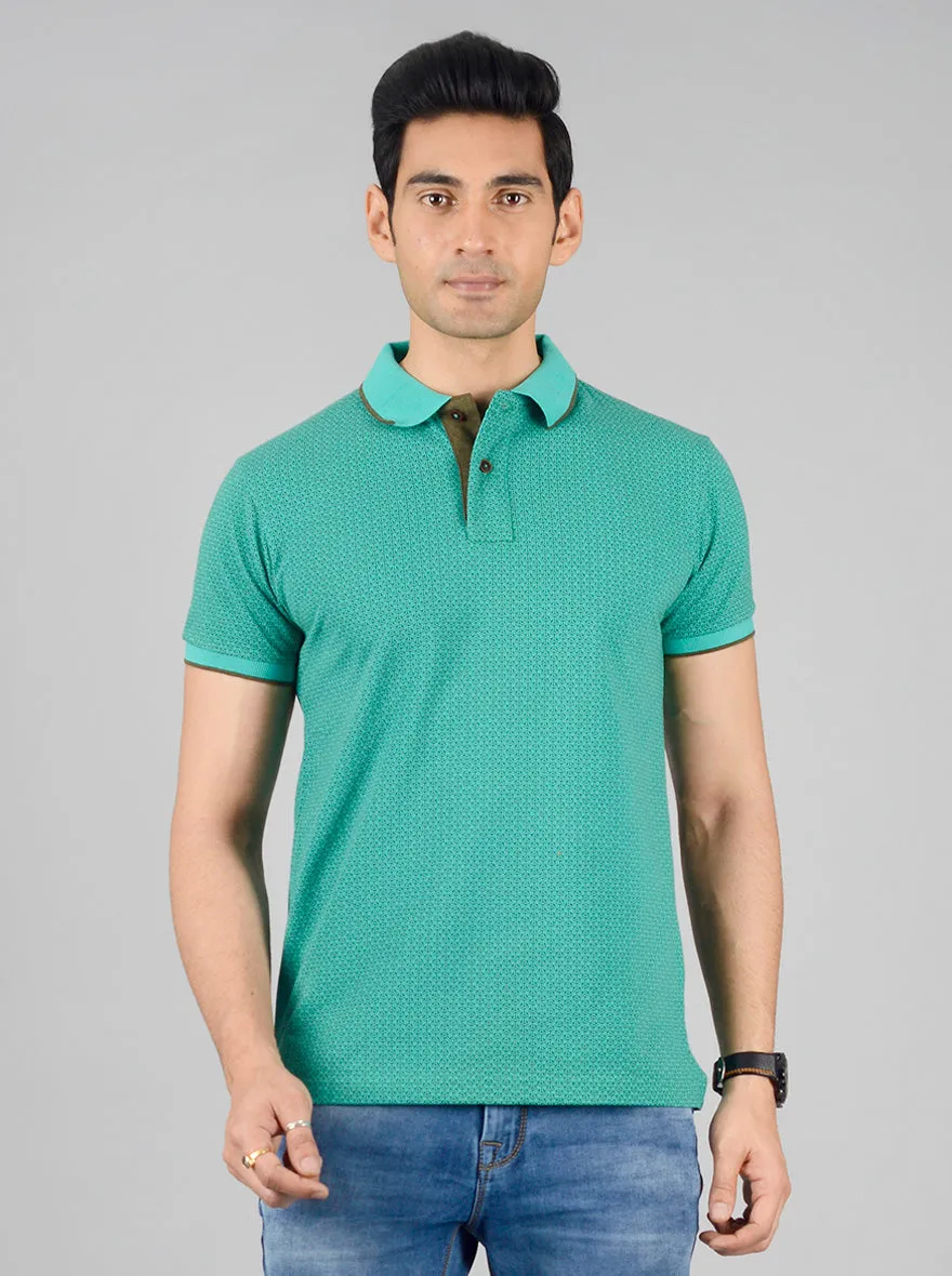 Dark Aqua Green Printed Slim Fit Polo T-shirt | Greenfibre