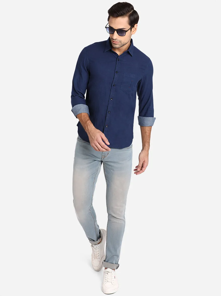 Denim Blue Solid Slim Fit Semi Casual Shirt | Greenfibre