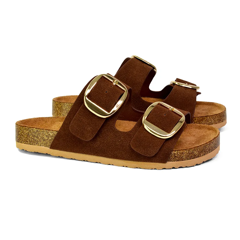 Dolly Slip On Sliders Statement Double Buckle Up Flat Sandals in Brown