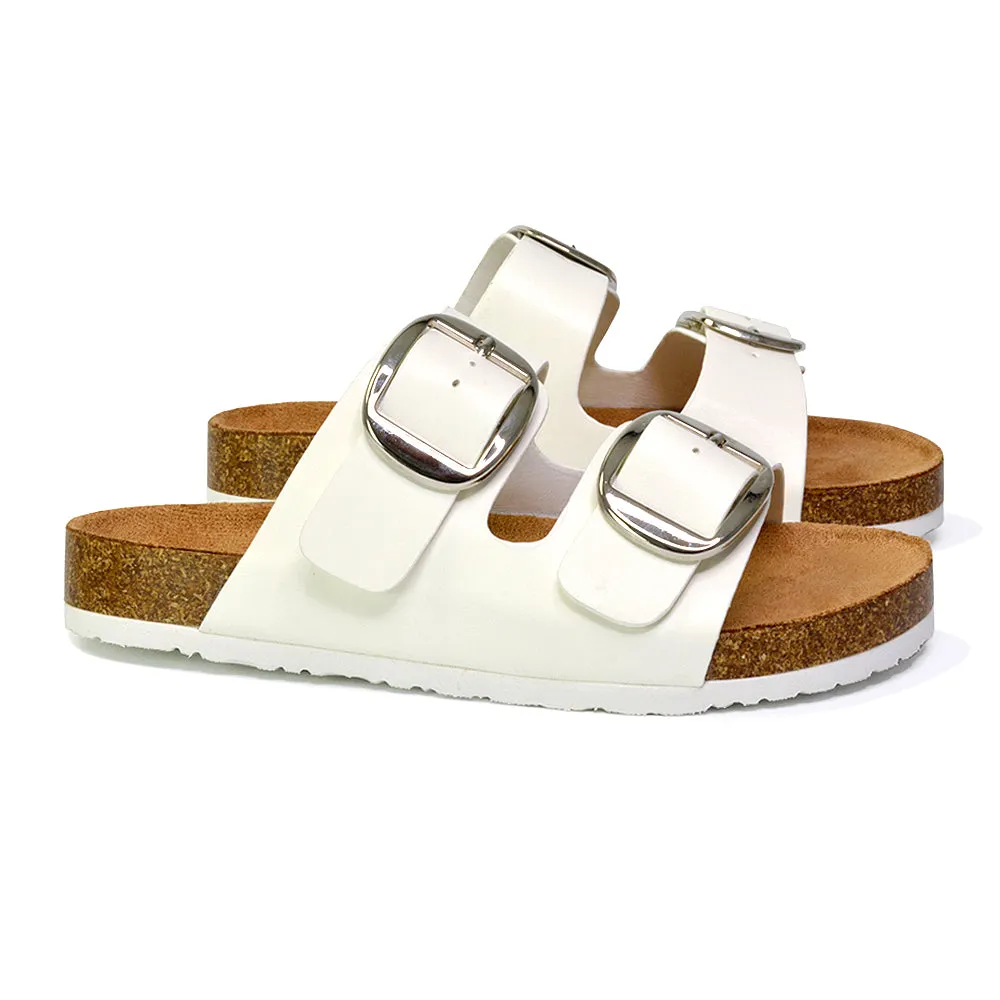 Dolly Slip On Sliders Statement Double Buckle Up Flat Sandals in Brown