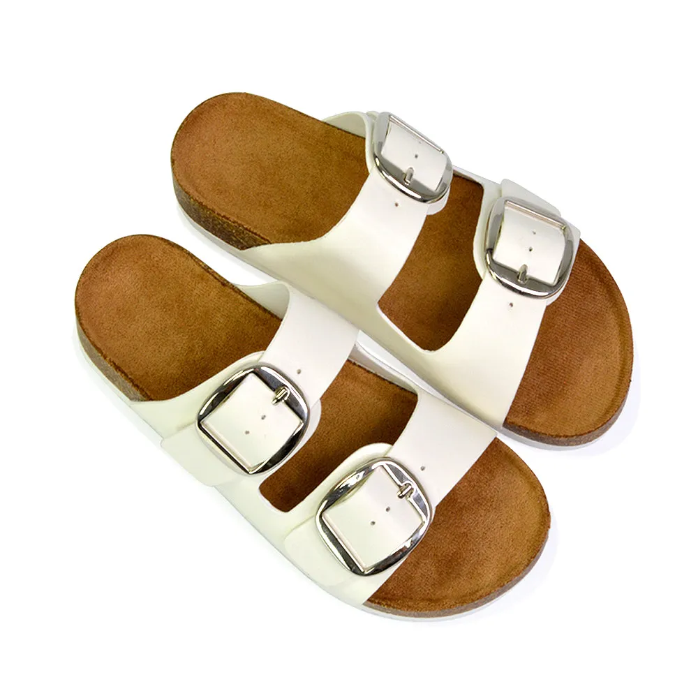 Dolly Slip On Sliders Statement Double Buckle Up Flat Sandals in Brown