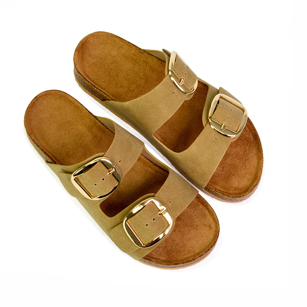 Dolly Slip On Sliders Statement Double Buckle Up Flat Sandals in Brown