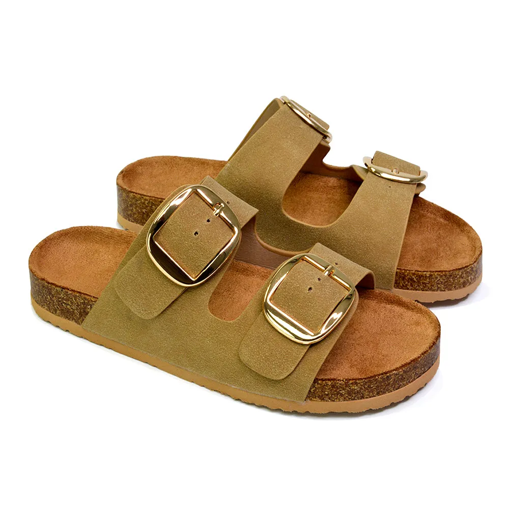 Dolly Slip On Sliders Statement Double Buckle Up Flat Sandals in Brown