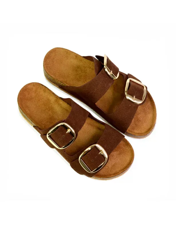 Dolly Slip On Sliders Statement Double Buckle Up Flat Sandals in Brown