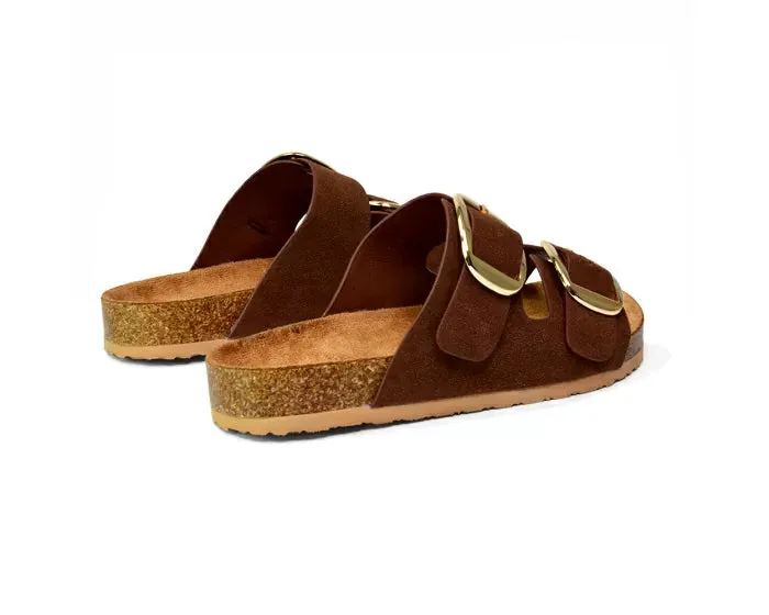 Dolly Slip On Sliders Statement Double Buckle Up Flat Sandals in Brown