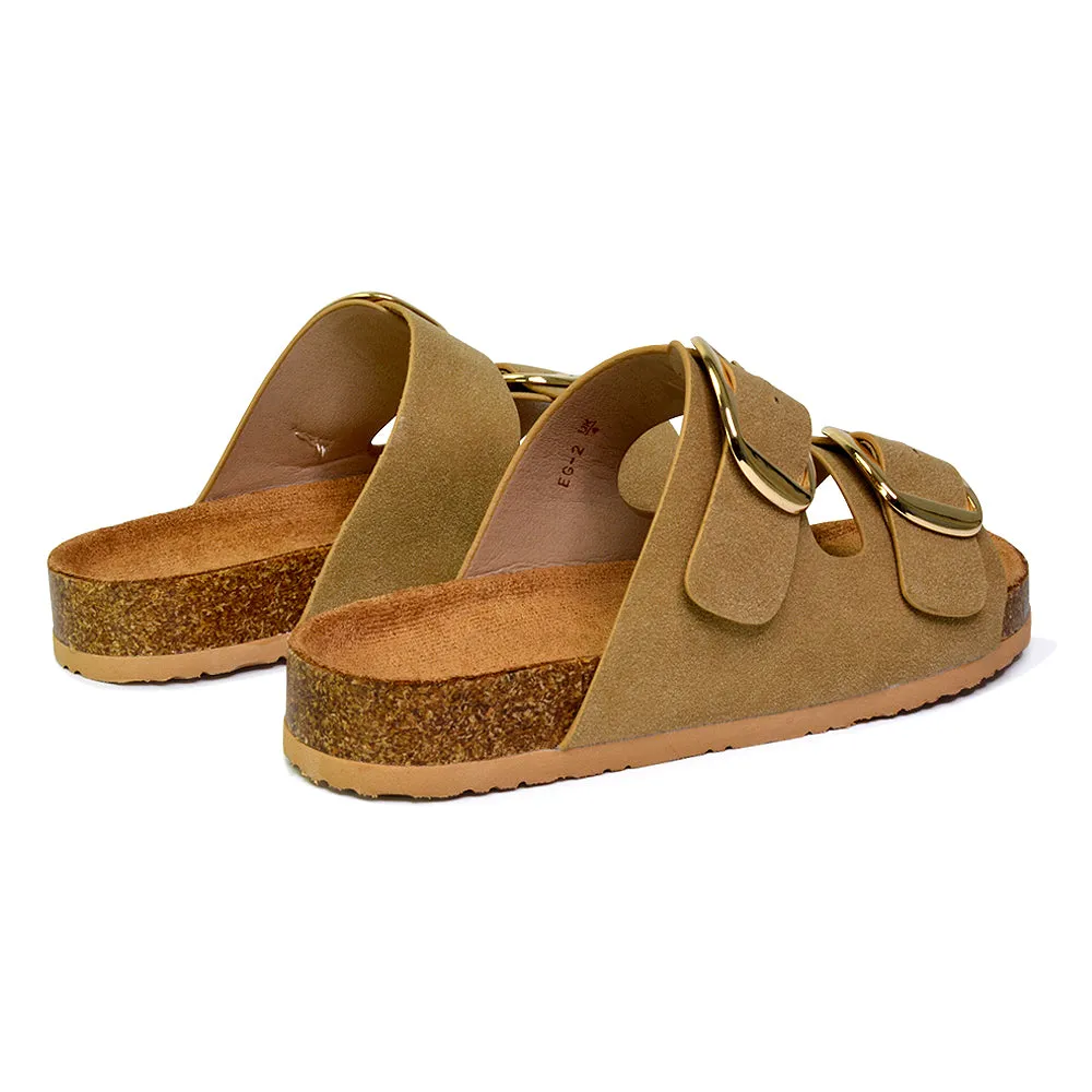 Dolly Slip On Sliders Statement Double Buckle Up Flat Sandals in Brown