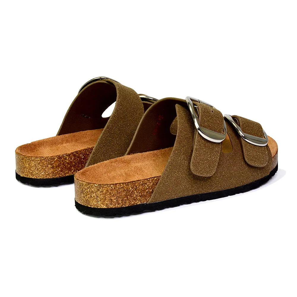 Dolly Slip On Sliders Statement Double Buckle Up Flat Sandals in Brown