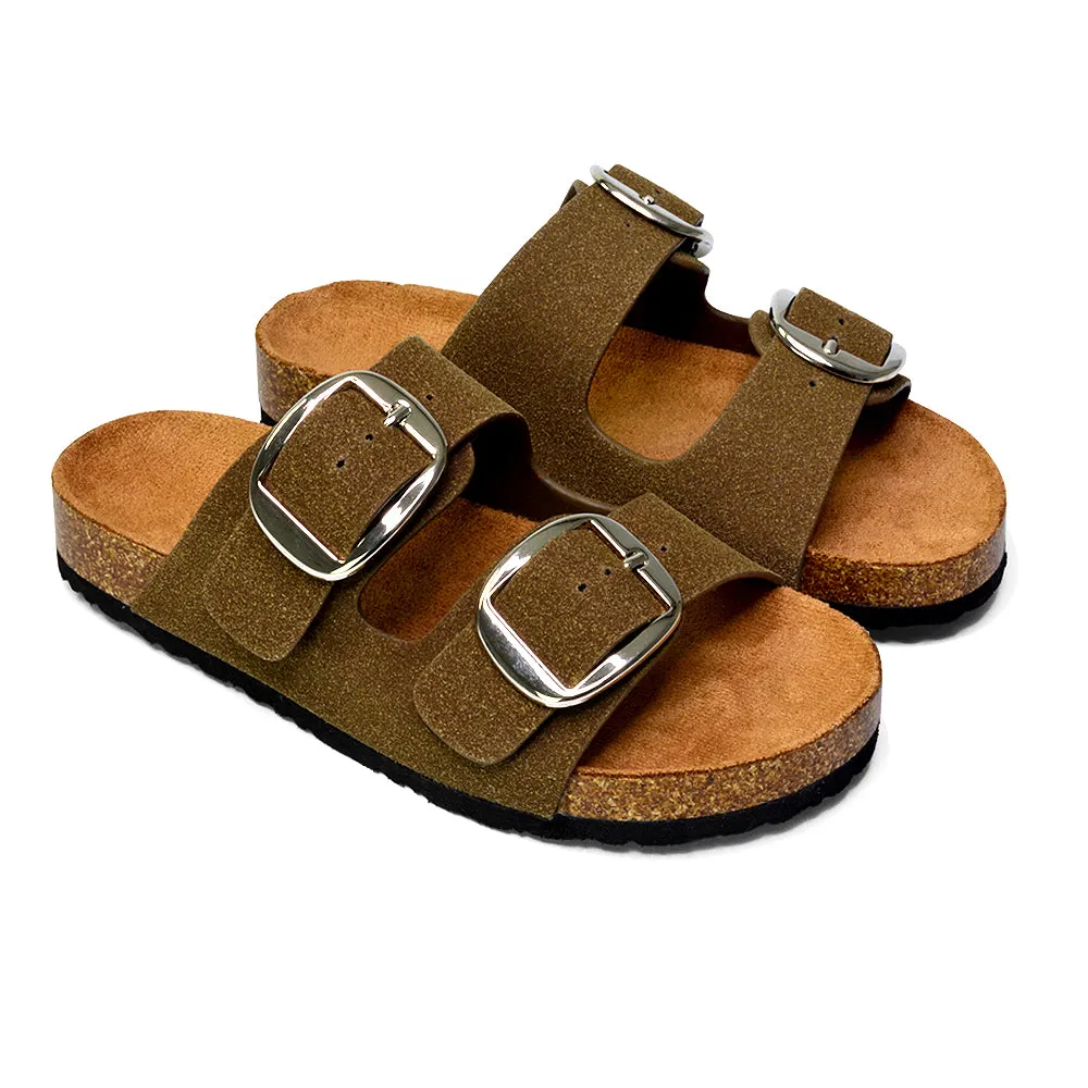 Dolly Slip On Sliders Statement Double Buckle Up Flat Sandals in Brown