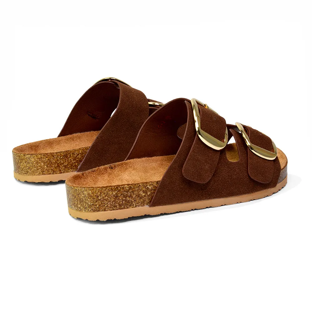 Dolly Slip On Sliders Statement Double Buckle Up Flat Sandals in Brown