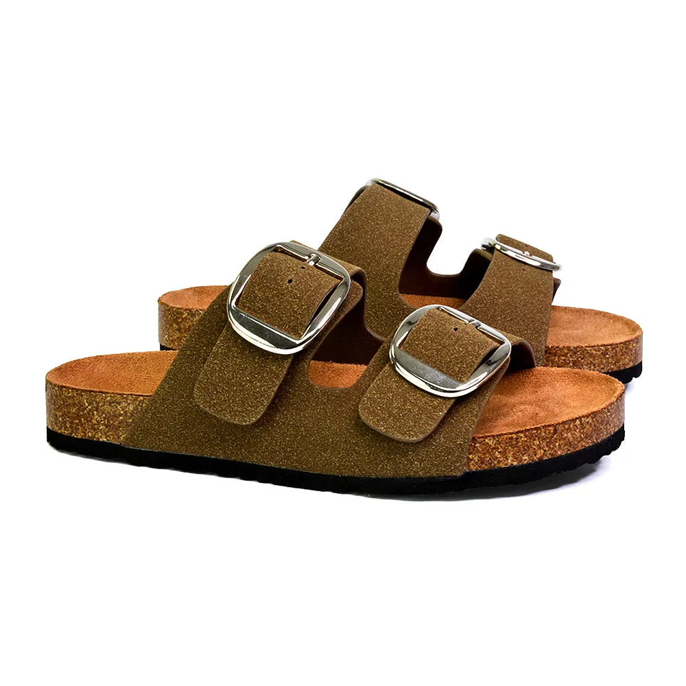 Dolly Slip On Sliders Statement Double Buckle Up Flat Sandals in Brown