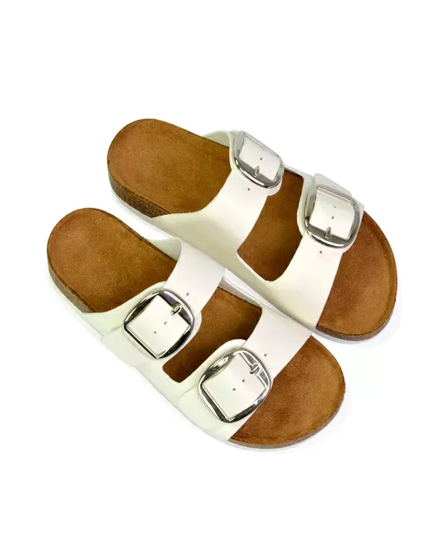 Dolly Slip On Sliders Statement Double Buckle Up Flat Sandals in Khaki