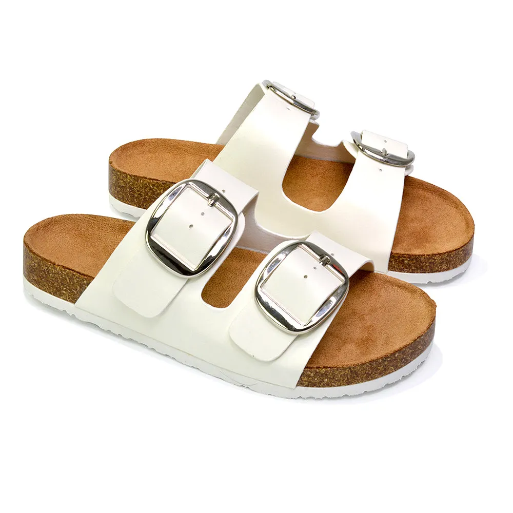 Dolly Slip On Sliders Statement Double Buckle Up Flat Sandals in Khaki