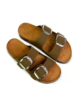 Dolly Slip On Sliders Statement Double Buckle Up Flat Sandals in Khaki