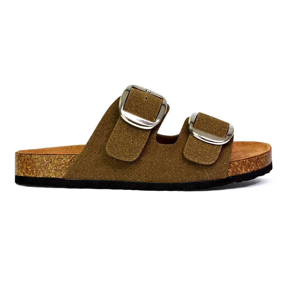 Dolly Slip On Sliders Statement Double Buckle Up Flat Sandals in Khaki