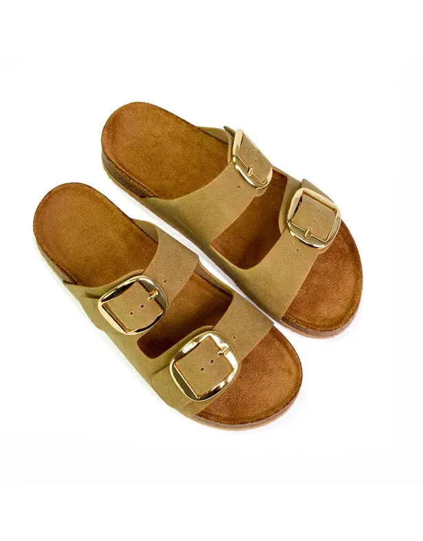 Dolly Slip On Sliders Statement Double Buckle Up Flat Sandals in Khaki