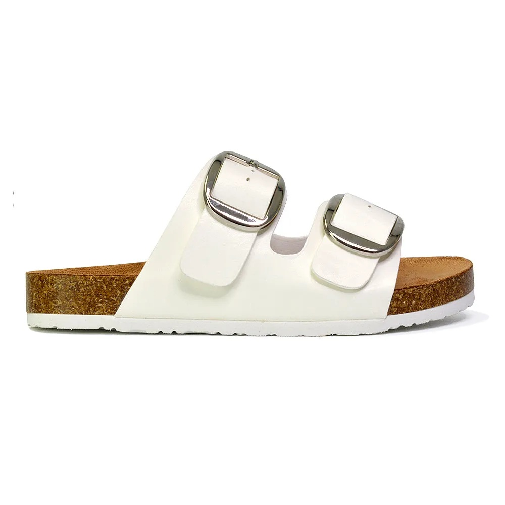 Dolly Slip On Sliders Statement Double Buckle Up Flat Sandals in Taupe