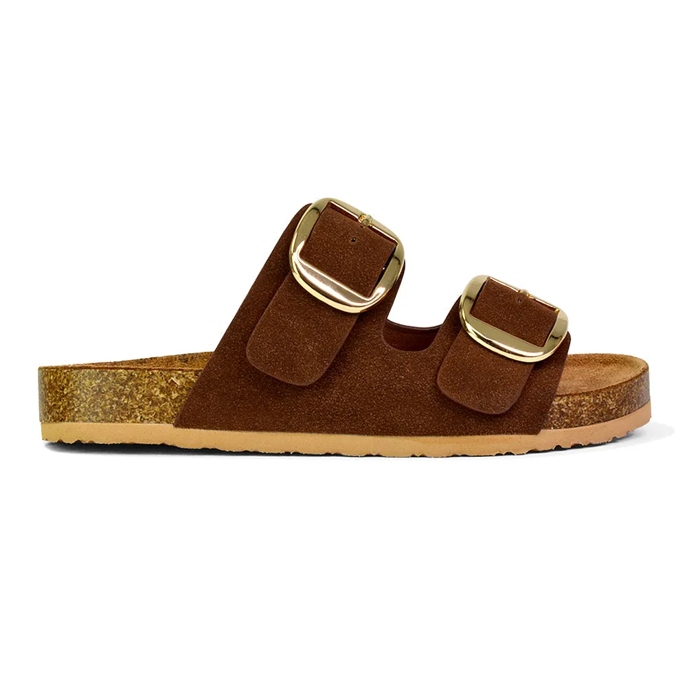 Dolly Slip On Sliders Statement Double Buckle Up Flat Sandals in Taupe