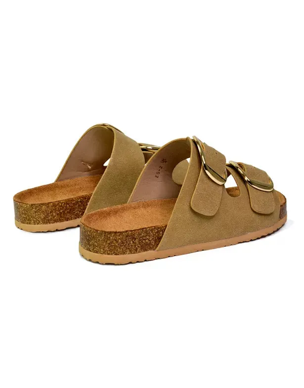 Dolly Slip On Sliders Statement Double Buckle Up Flat Sandals in Taupe