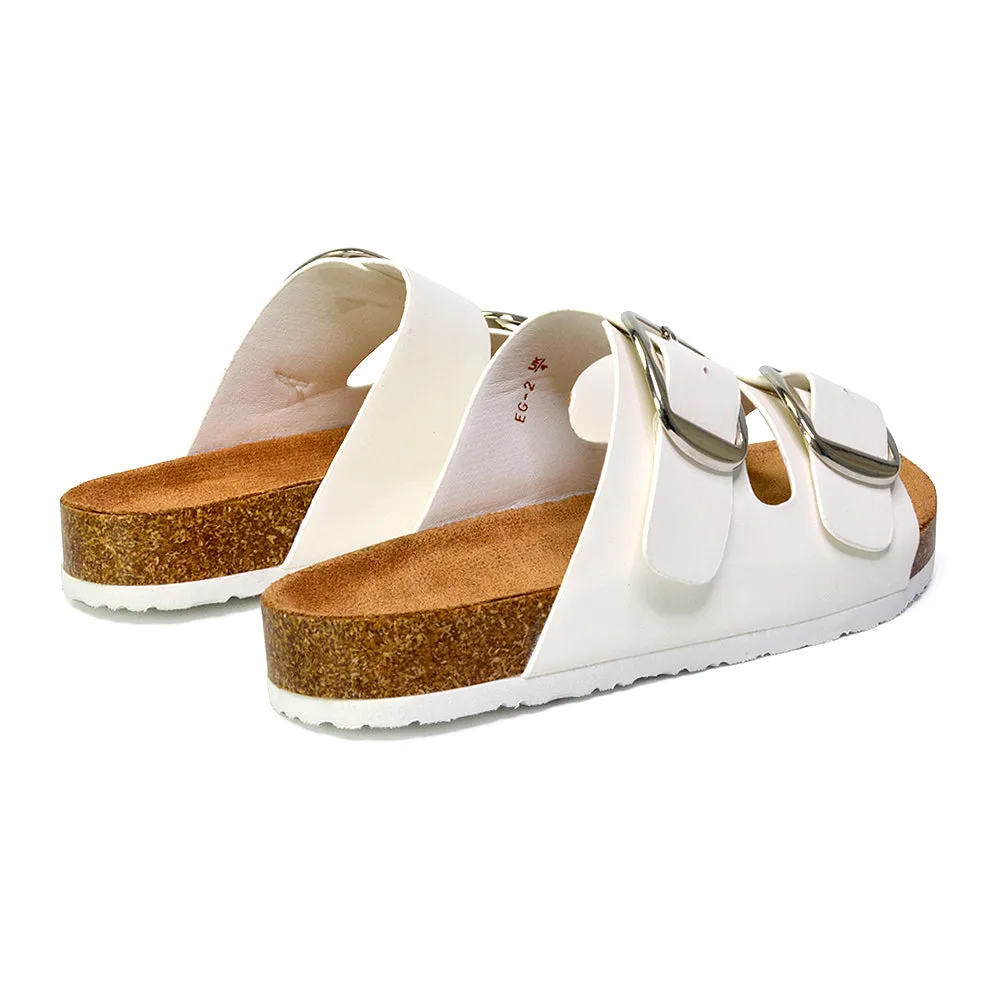 Dolly Slip On Sliders Statement Double Buckle Up Flat Sandals in Taupe