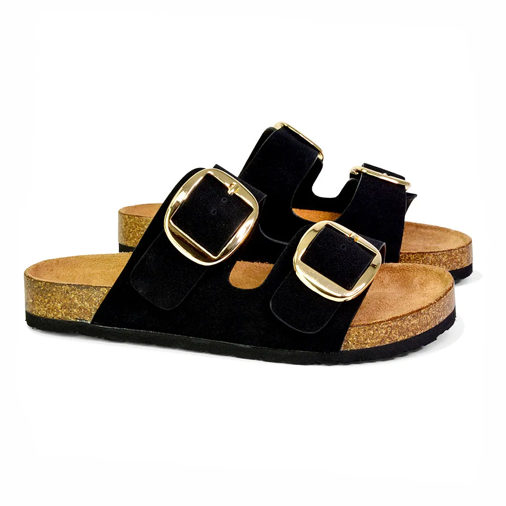 Dolly Slip On Sliders Statement Double Buckle Up Flat Sandals in Taupe