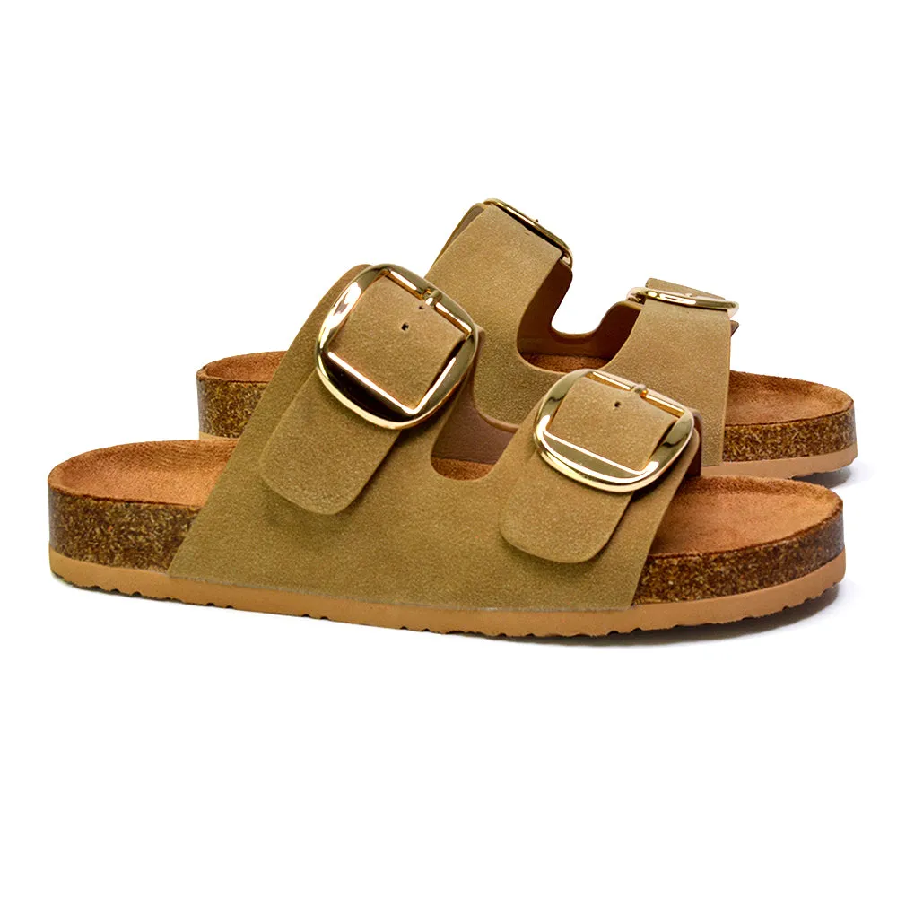 Dolly Slip On Sliders Statement Double Buckle Up Flat Sandals in Taupe