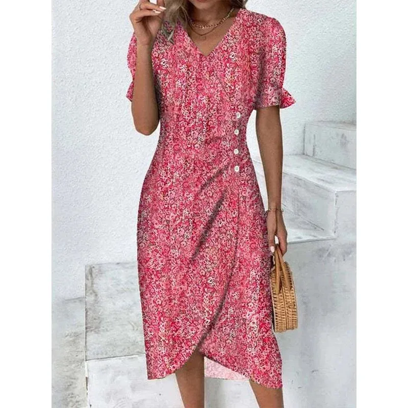 Elegant Floral Pleated H shaped Midi Dress Female V Neck Puff Sleeve Waist Ruched Button Dresses Women Summer Dress Robe