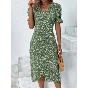 Elegant Floral Pleated H shaped Midi Dress Female V Neck Puff Sleeve Waist Ruched Button Dresses Women Summer Dress Robe