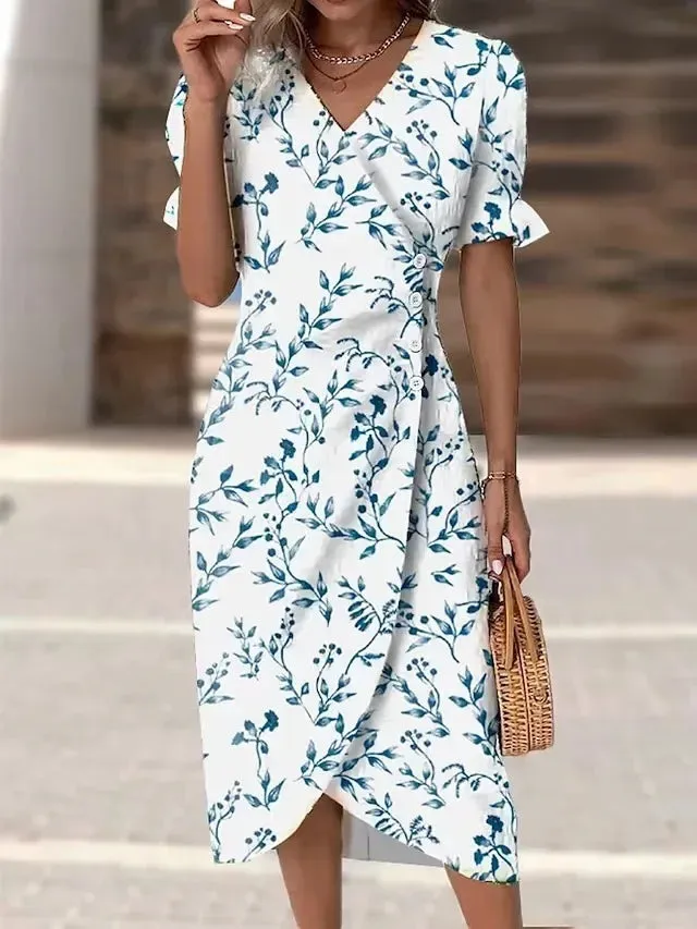 Elegant Floral Pleated H shaped Midi Dress Female V Neck Puff Sleeve Waist Ruched Button Dresses Women Summer Dress Robe