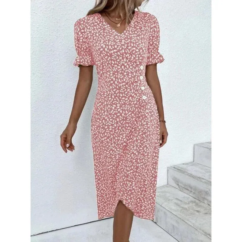 Elegant Floral Pleated H shaped Midi Dress Female V Neck Puff Sleeve Waist Ruched Button Dresses Women Summer Dress Robe