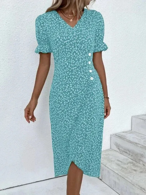 Elegant Floral Pleated H shaped Midi Dress Female V Neck Puff Sleeve Waist Ruched Button Dresses Women Summer Dress Robe