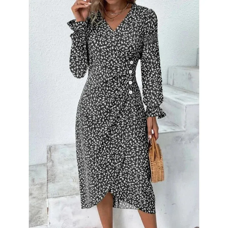 Elegant Floral Pleated H shaped Midi Dress Female V Neck Puff Sleeve Waist Ruched Button Dresses Women Summer Dress Robe